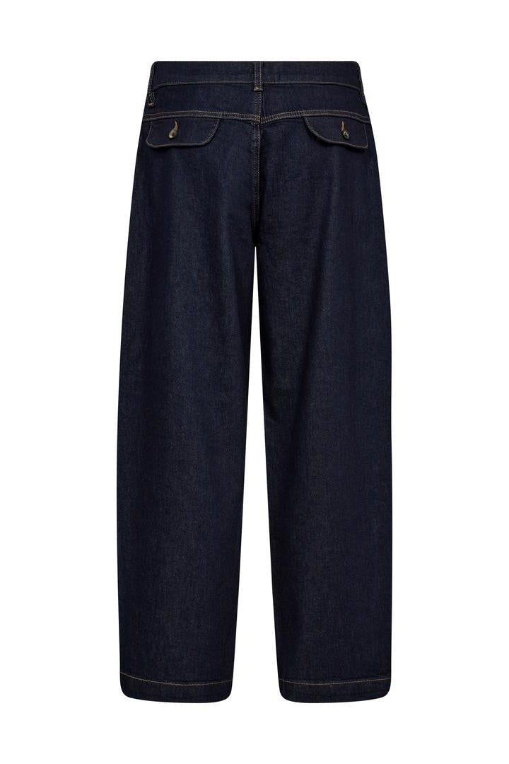 Dark blue chino style jeans on a white background
