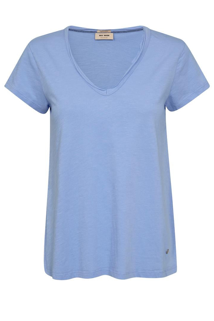 Light blue v neck t-shirt on a white background
