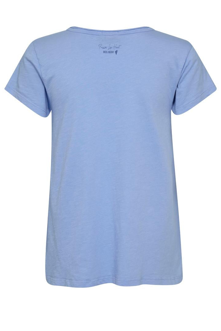 Light blue v neck t-shirt with raw hem  on a white background