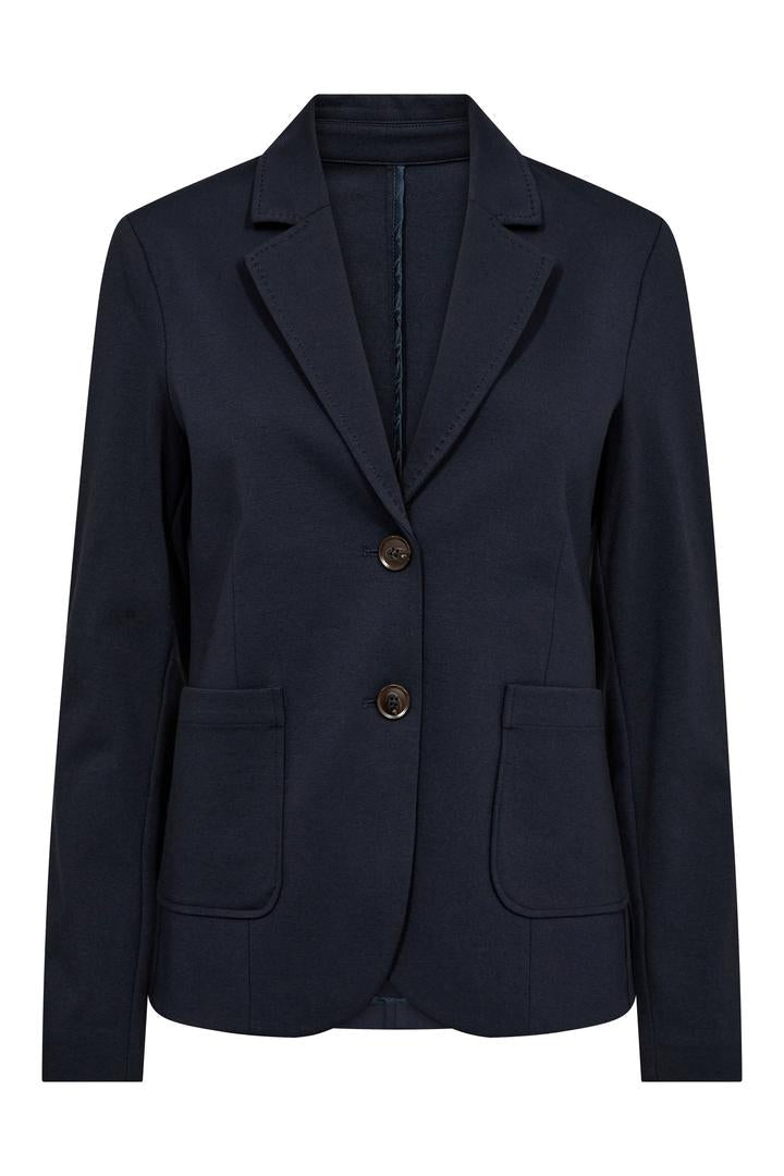 Navy blue blazer with two buttons on a white background