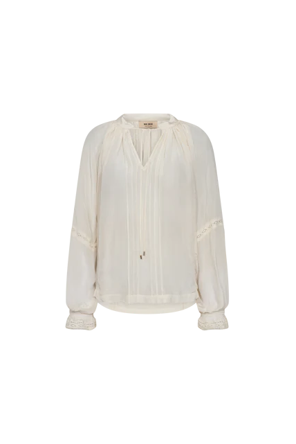 Ecru long sleeve blouse with lace detailing on a white backgroun