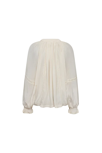 Ecru long sleeve blouse with lace detailing on a white background