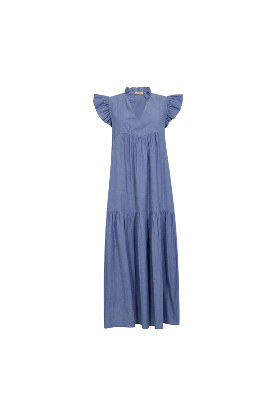 Blue dress with ruffled sleeves on a white background