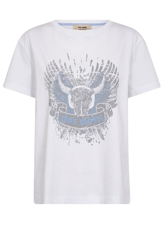 A white short-sleeve crewneck t-shirt featuring a distressed graphic print on the front in blue and silver. Shown on a plain white background. 