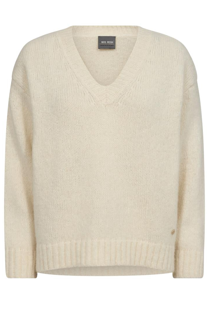 Ecru v neck sweater with rib detail hem , cuff and neck. 