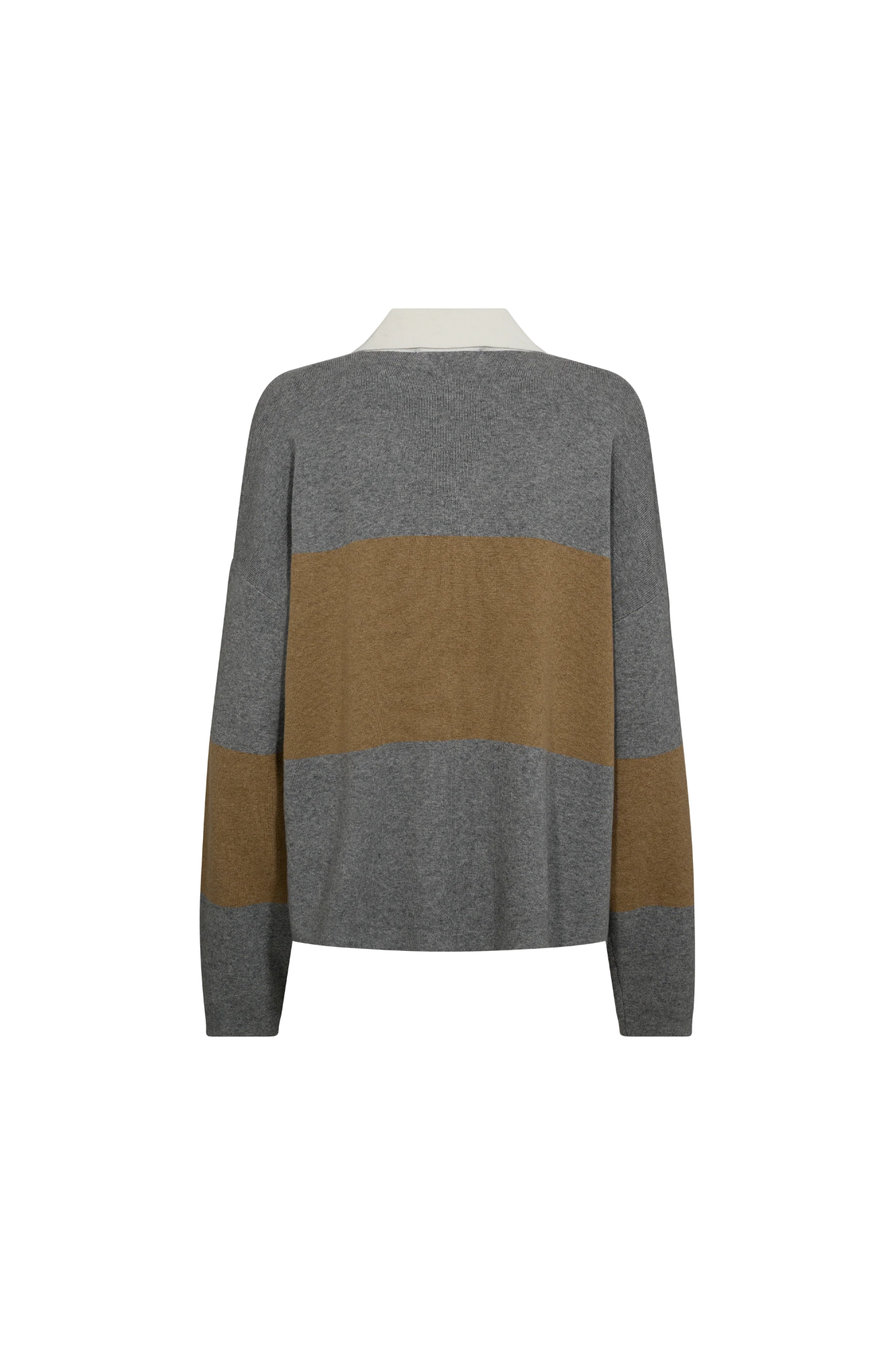 Gray and brown color-blocked sweater on a white background
