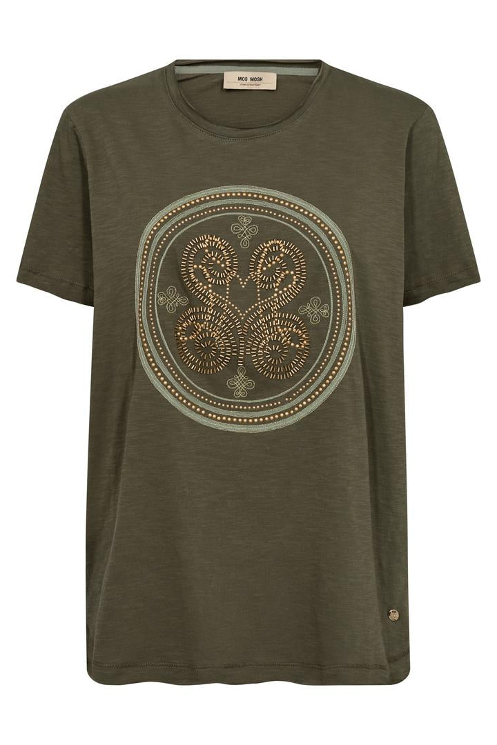 Green t-shirt with a circular design on a white background