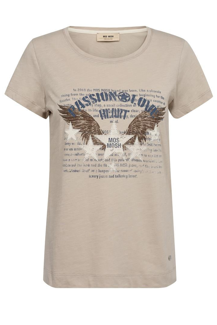 Beige t-shirt with eagle design and text on a white background