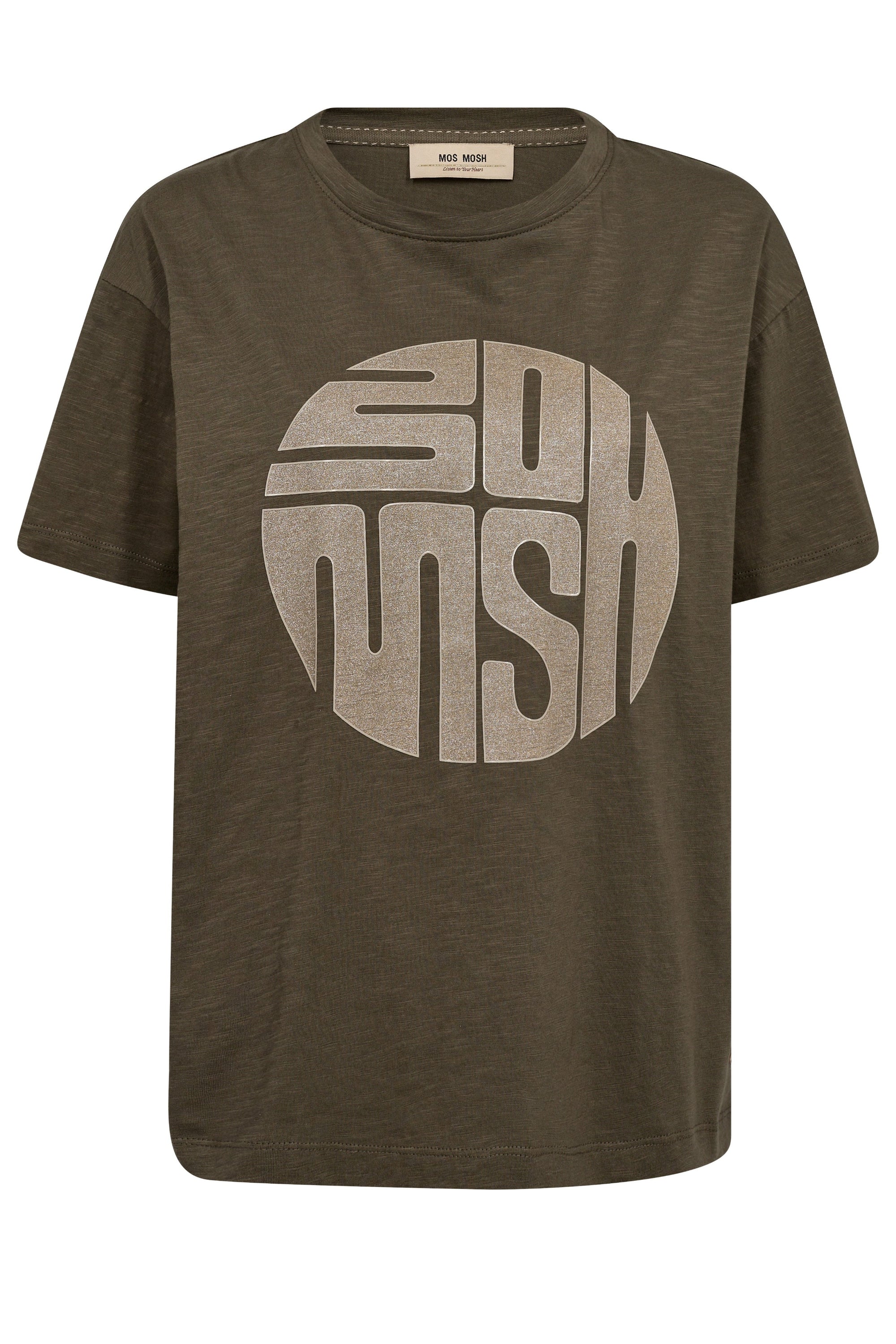 Army Green t-shirt with 'Mos Mosh logo on a white background