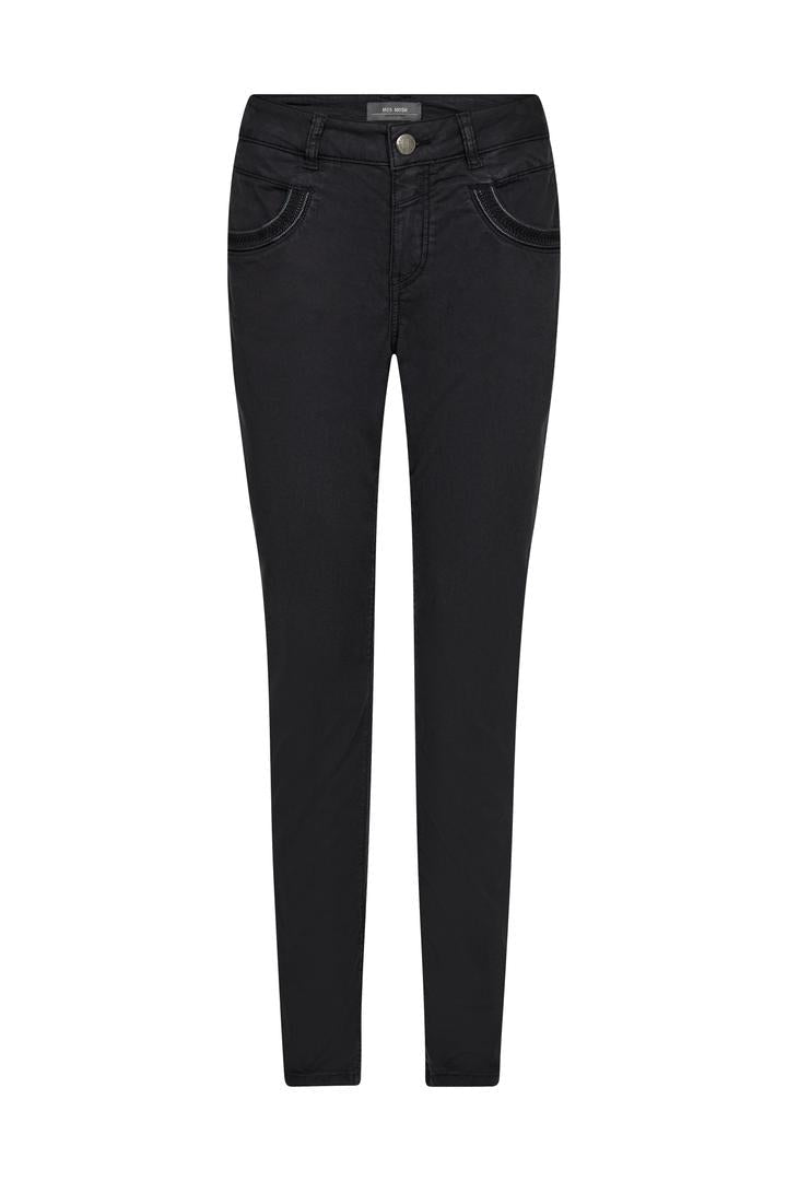 Black tapered jean with skinny leg and embellished pocket details. 