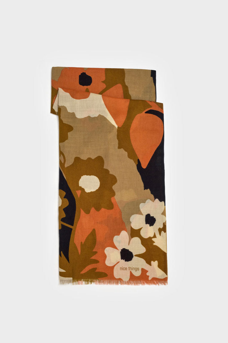 Shawl with Ecru base and all over floral print in navy orange and tan. 