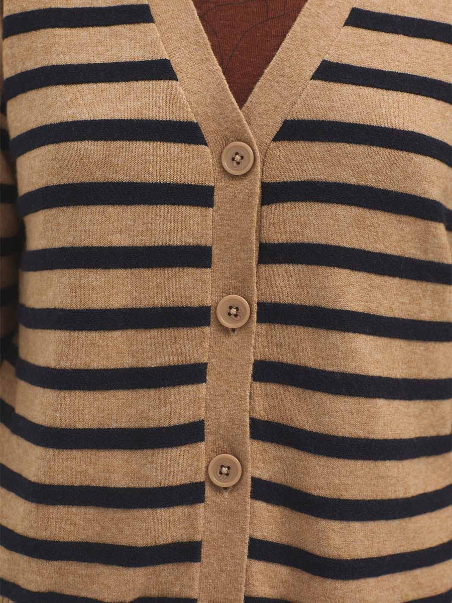 Button detail of long sleeve cardigan beige with stripe detail. 