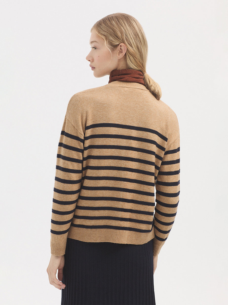 Back of beige long sleeve stripe cardigan with button front. 