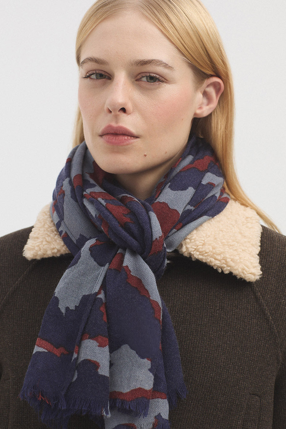 Splash print scarf with navy grey and burgundy colours. 