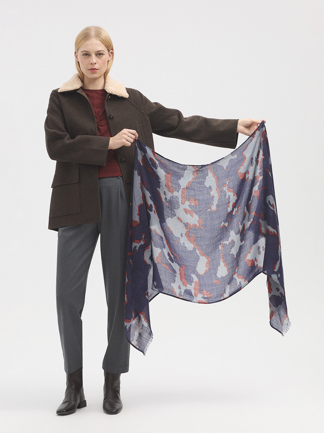 Splash print scarf with navy grey and burgundy colours. 