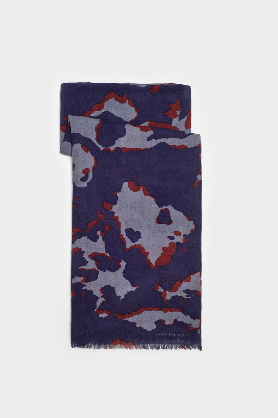 Splash print scarf with navy grey and burgundy colours. 