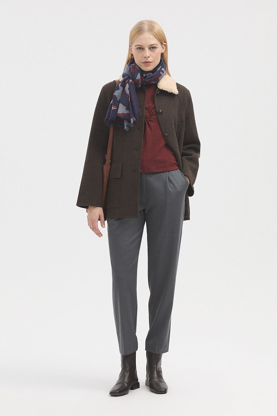 Splash print scarf with navy grey and burgundy colours. 