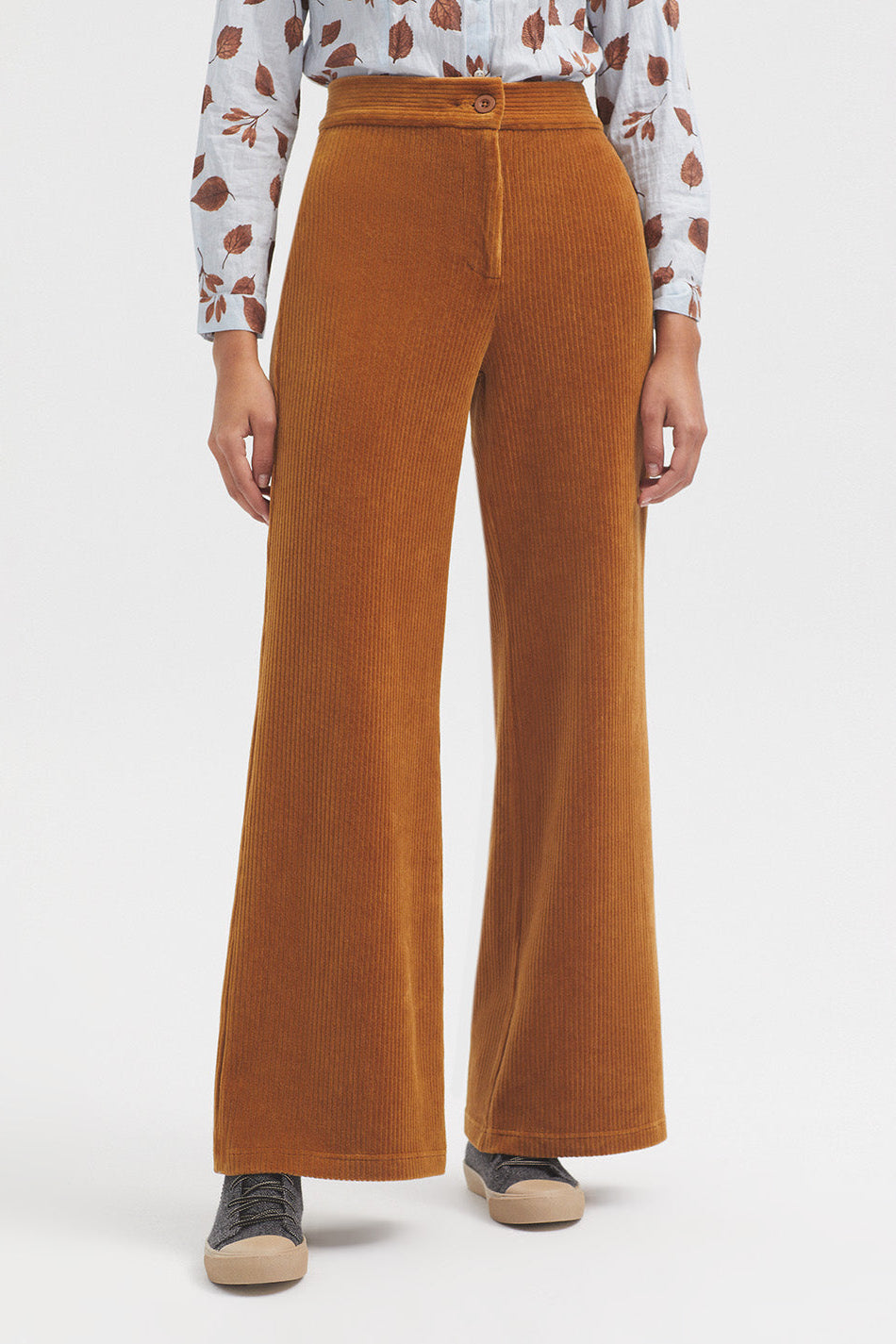 Tan cord trouser with slight flare. 