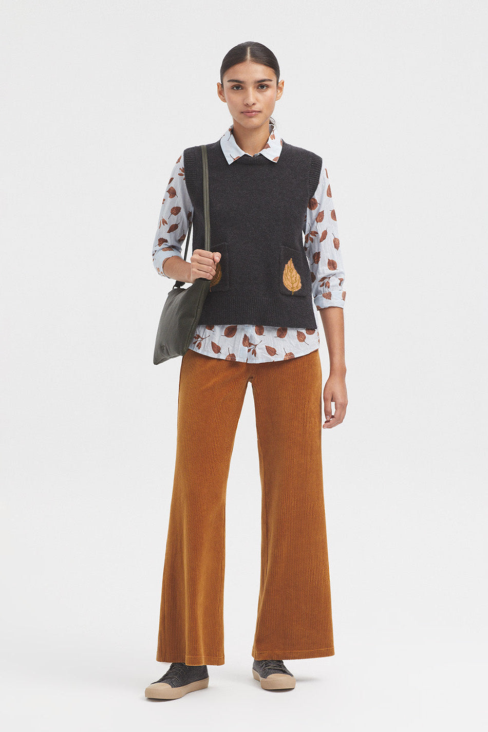 Tan cord trouser with slightly flared leg. 