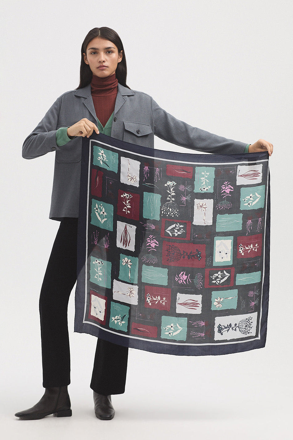 Colourful square silk scarf with all over print.  