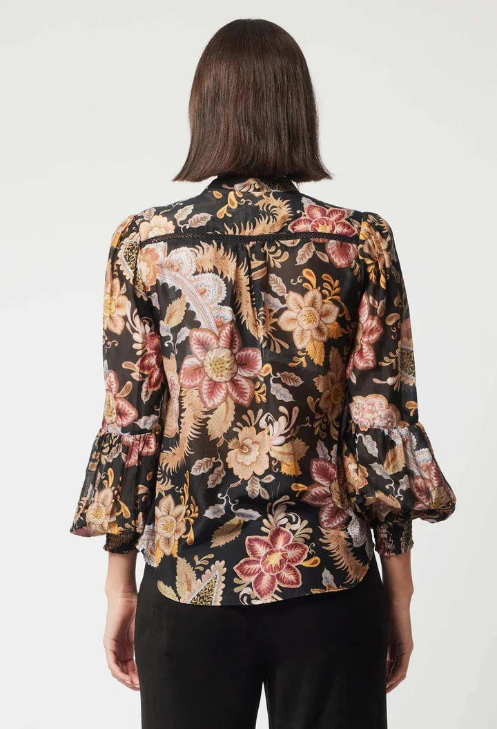 Once Was Empress Cotton Silk Shirred Cuff Shirt - Dragon Flower