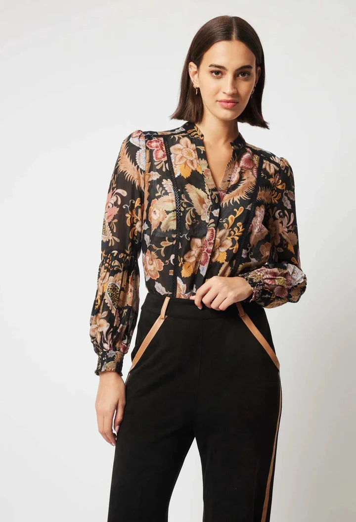 Once Was Empress Cotton Silk Shirred Cuff Shirt - Dragon Flower