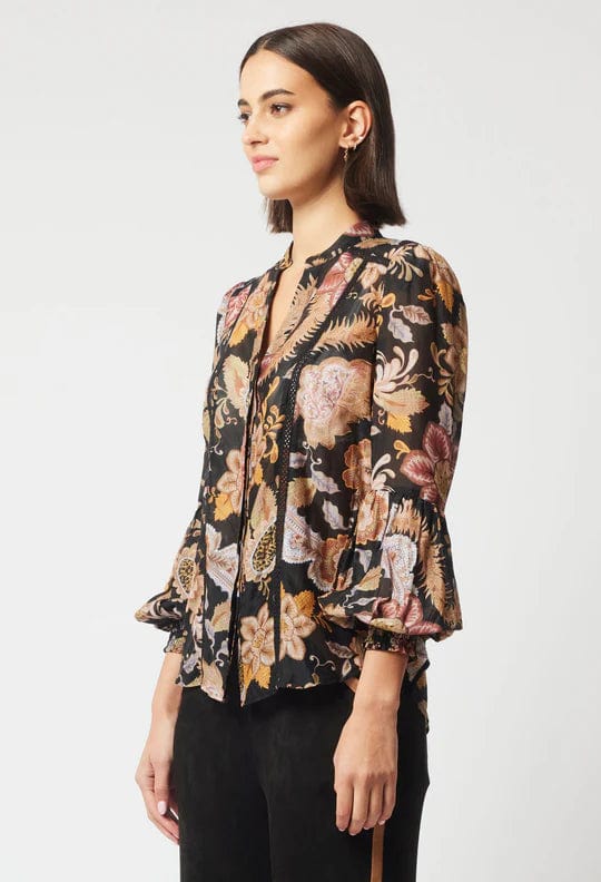 Once Was Empress Cotton Silk Shirred Cuff Shirt - Dragon Flower