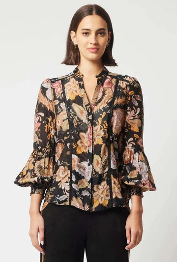 Once Was Empress Cotton Silk Shirred Cuff Shirt - Dragon Flower