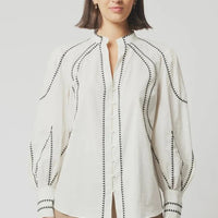 Once Was Meridian Placement Embroidered Linen Shirt - Porcelain