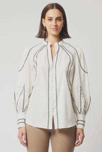 Once Was Meridian Placement Embroidered Linen Shirt - Porcelain
