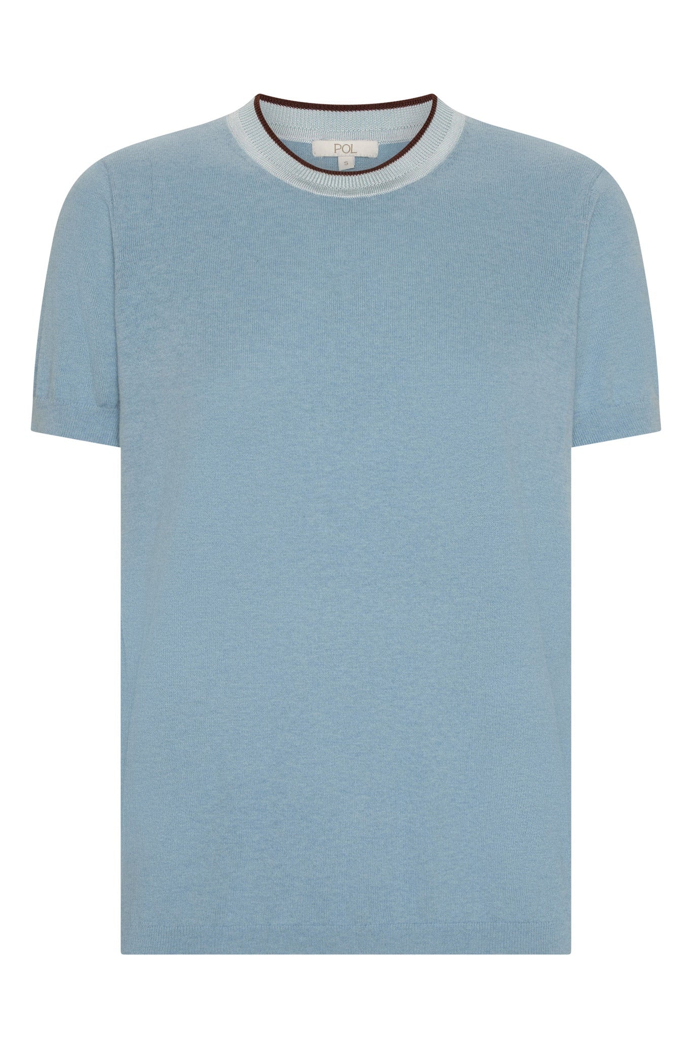 A light blue short-sleeve crewneck t-shirt with a contrasting light grey  ribbed collar and a thin chocolate inner trim, displayed on a solid white background.