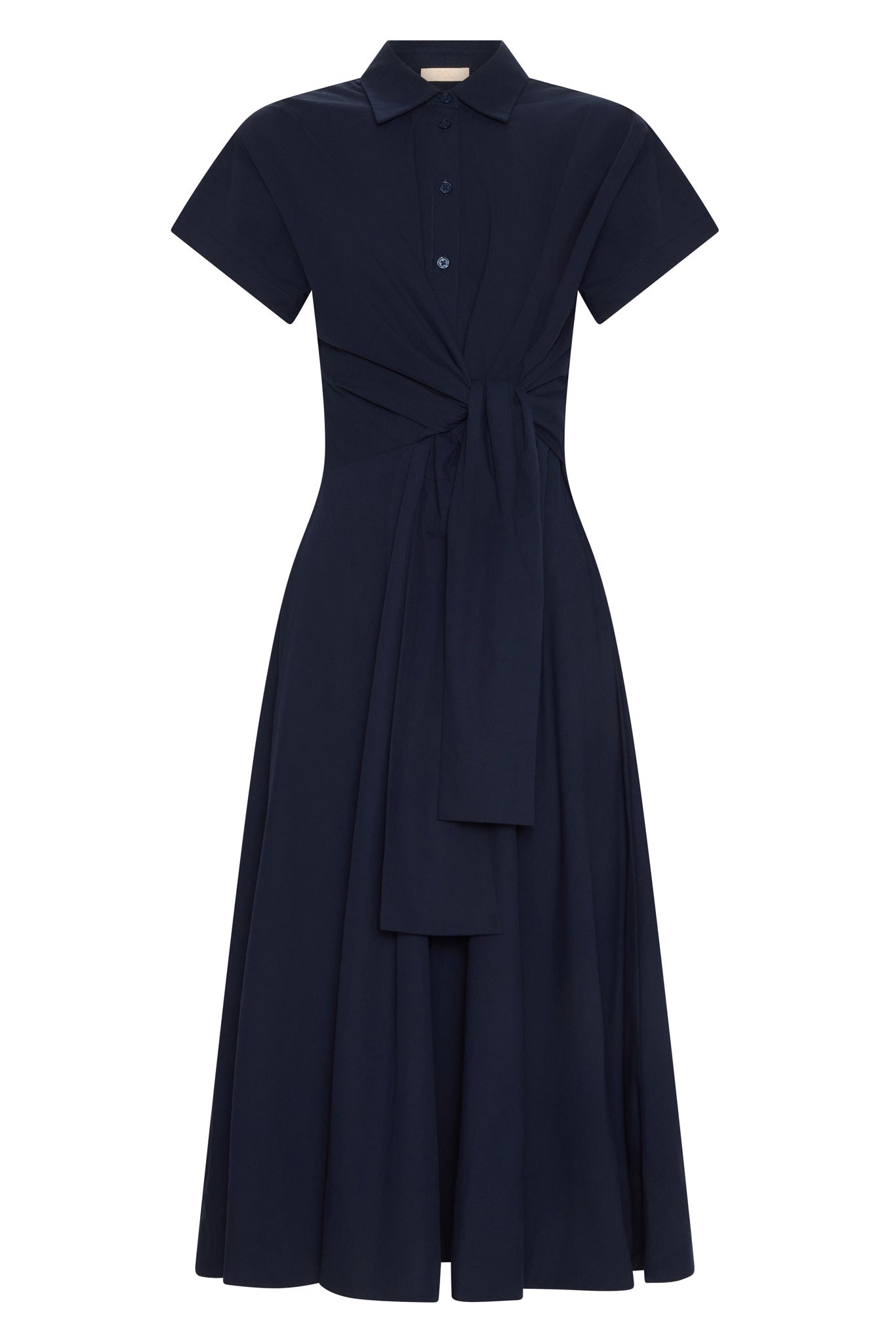 A dark navy blue short-sleeve collared dress with a button-up front, gathered waist, and draped tie detail, shown against a plain white background.