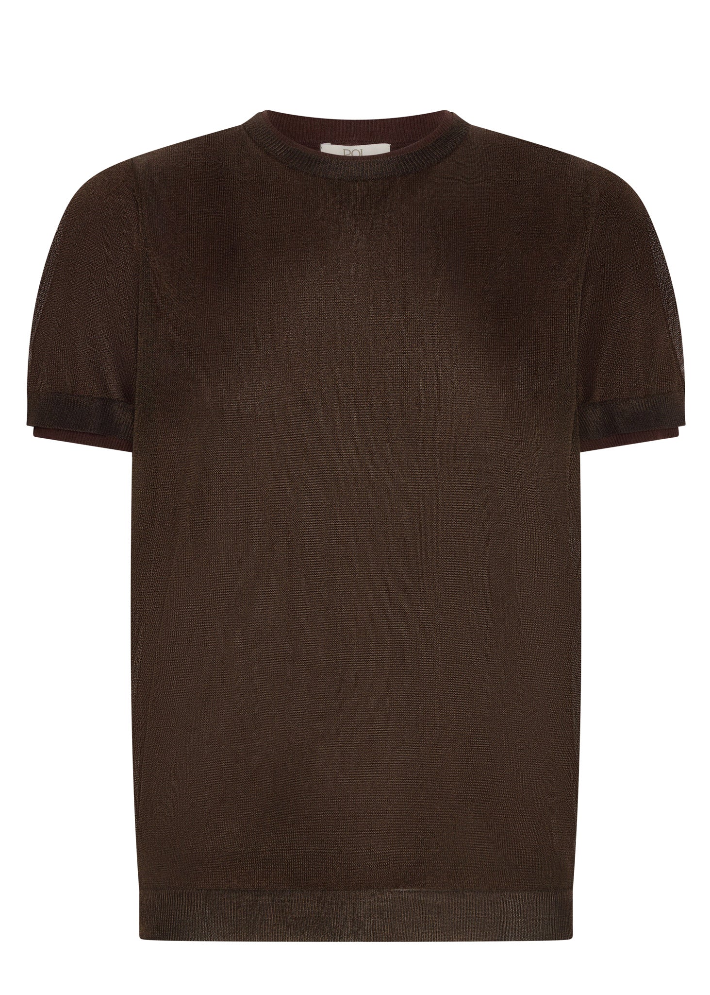 A dark brown short-sleeve knit t-shirt with contrasting dark brown ribbed trim at the collar, sleeve cuffs, and hem, shown against a plain white background.