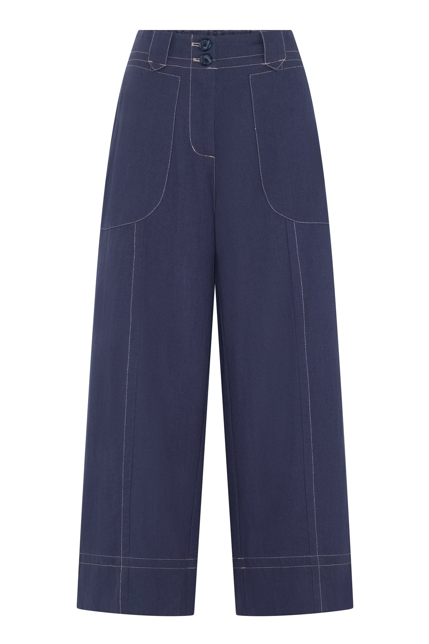 Navy blue wide-leg pants on a white background