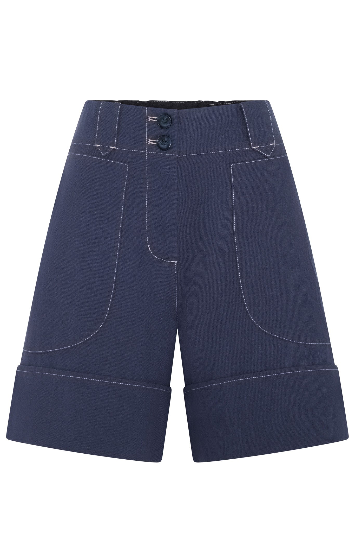 Navy blue shorts with button details on a white background