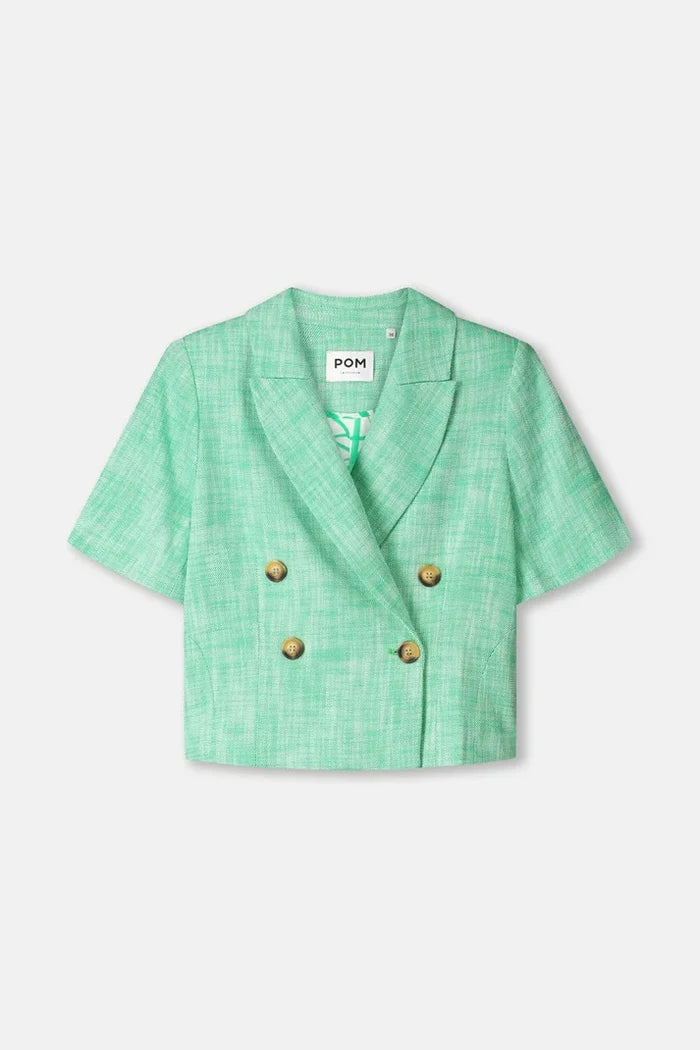 A green short sleeve cropped blazer on  a white background