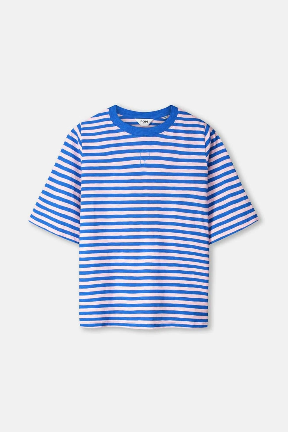 A short-sleeve crewneck t-shirt with horizontal blue and pink stripes, featuring a solid blue ribbed collar, displayed on a plain background.