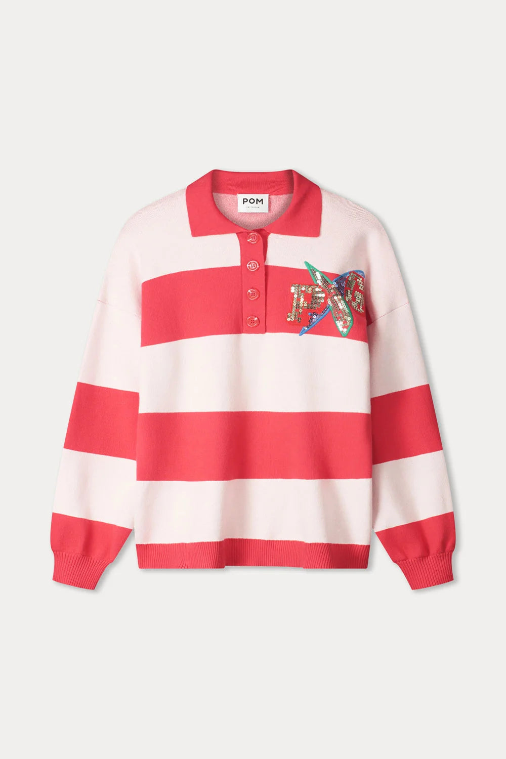 Red and white striped polo shirt with a colorful emblem on a light gray background