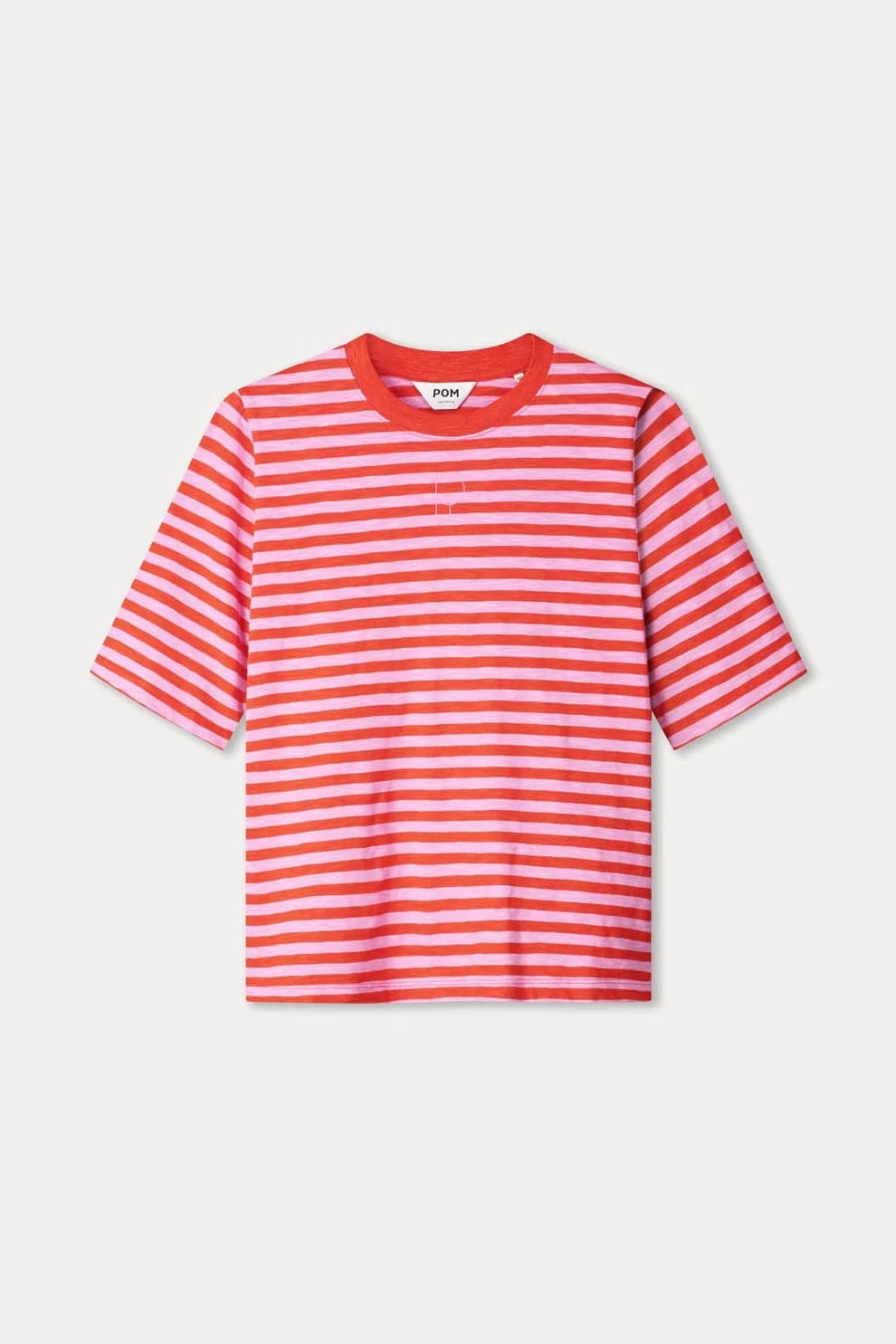 Orange and Pink striped tee shirt  with pink POM logo on a white background