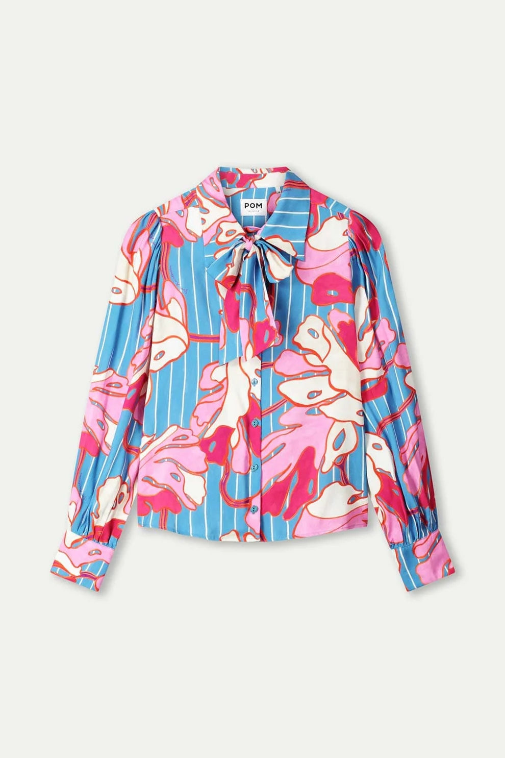 Colorful floral blouse with a tie detail on a white background
