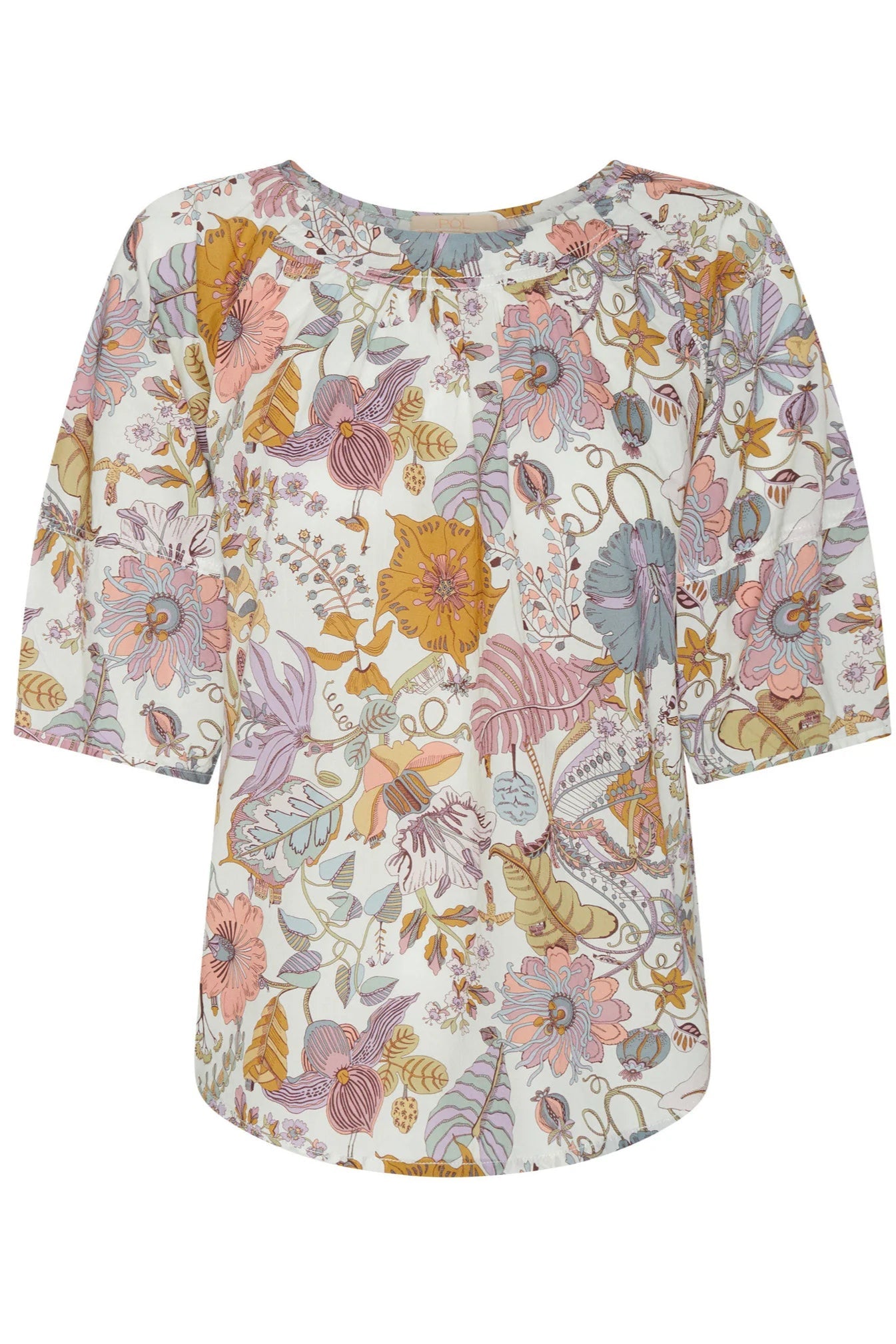 Floral patterned short sleeve blouse on a white background
