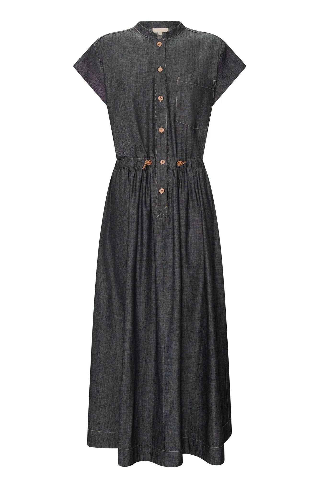 Dark denim dress with button details on a white background