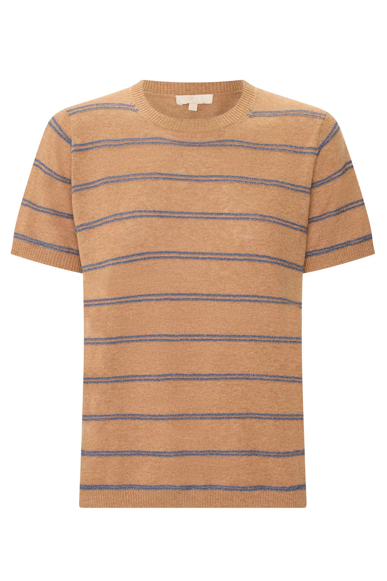 Striped knit t-shirt with brown and blue stripes on a white background