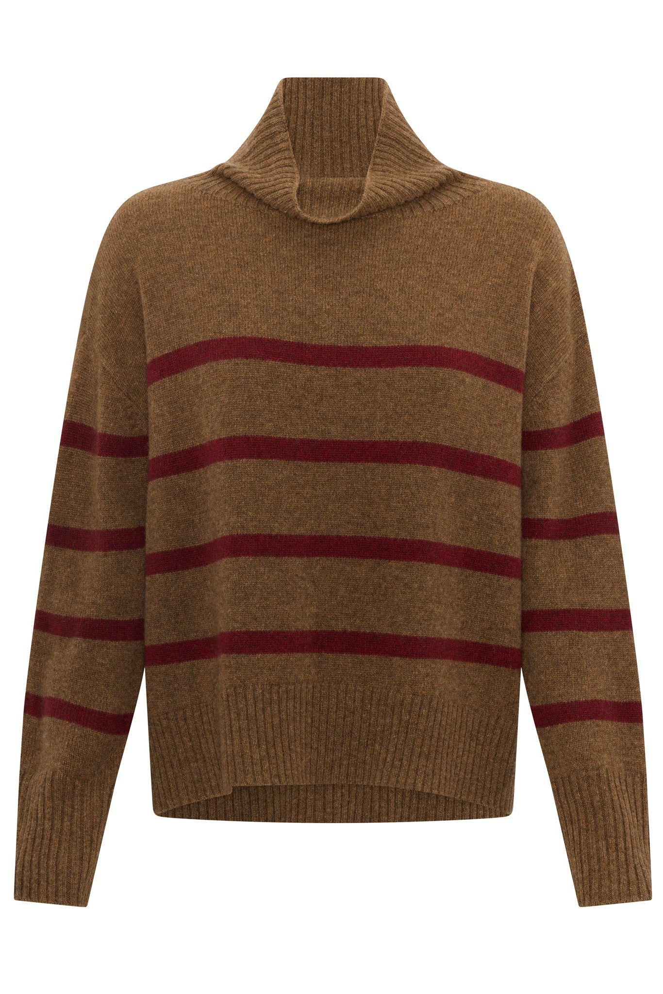 Brown sweater with red horizontal stripes on a white background