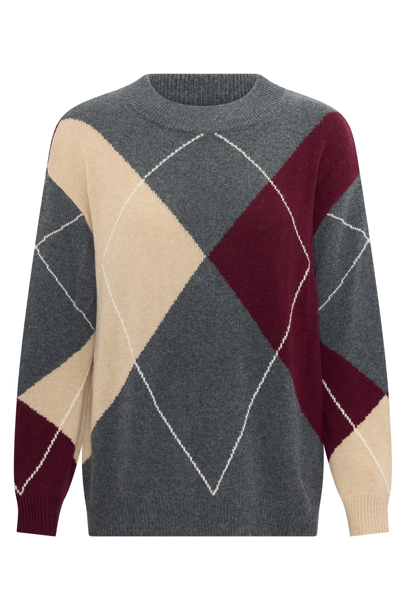 Long sleeve crew neck sweater with diamond print in charcoal, merlot and ivory with white detail. On a white background. 