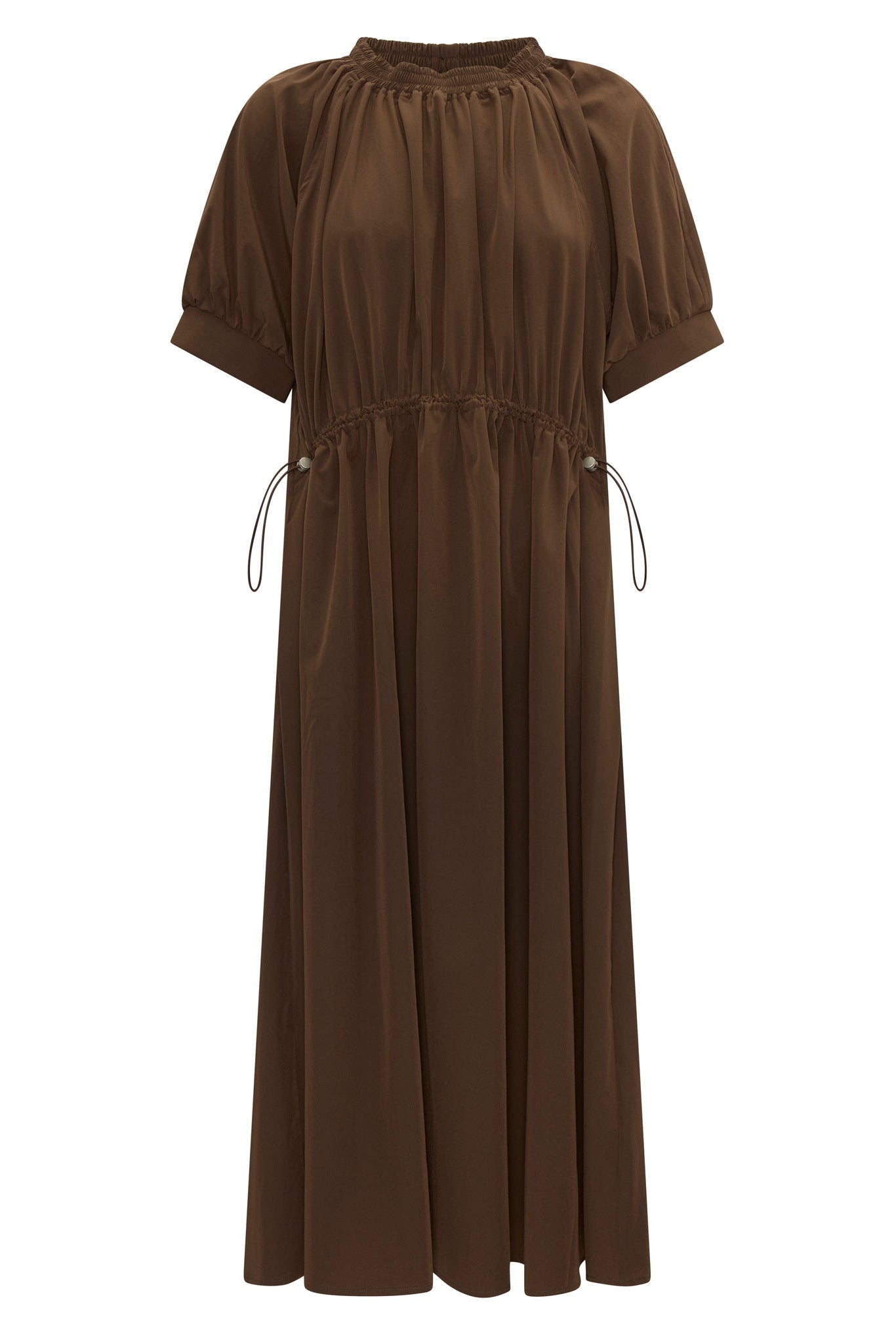 Chocolate brown short sleeve dress with drop waist and draw cord on a white background. 
