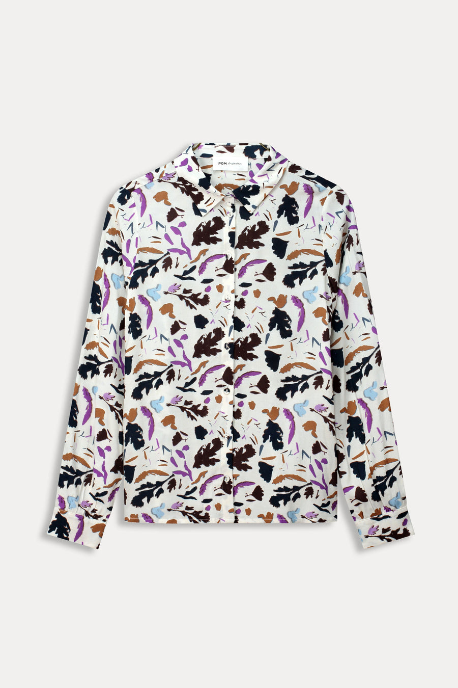 Floral Print blouse with white base, long sleeve and collar. Floral print in fushia, black and tan colours. 