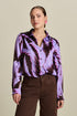 Brown and Purple Feather Print Long sleeve blouse with collar. 