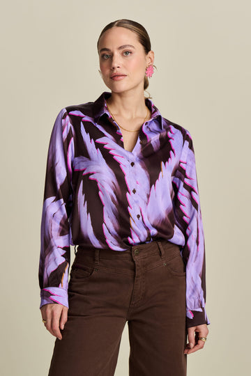 Brown and Purple Feather Print Long sleeve blouse with collar. 