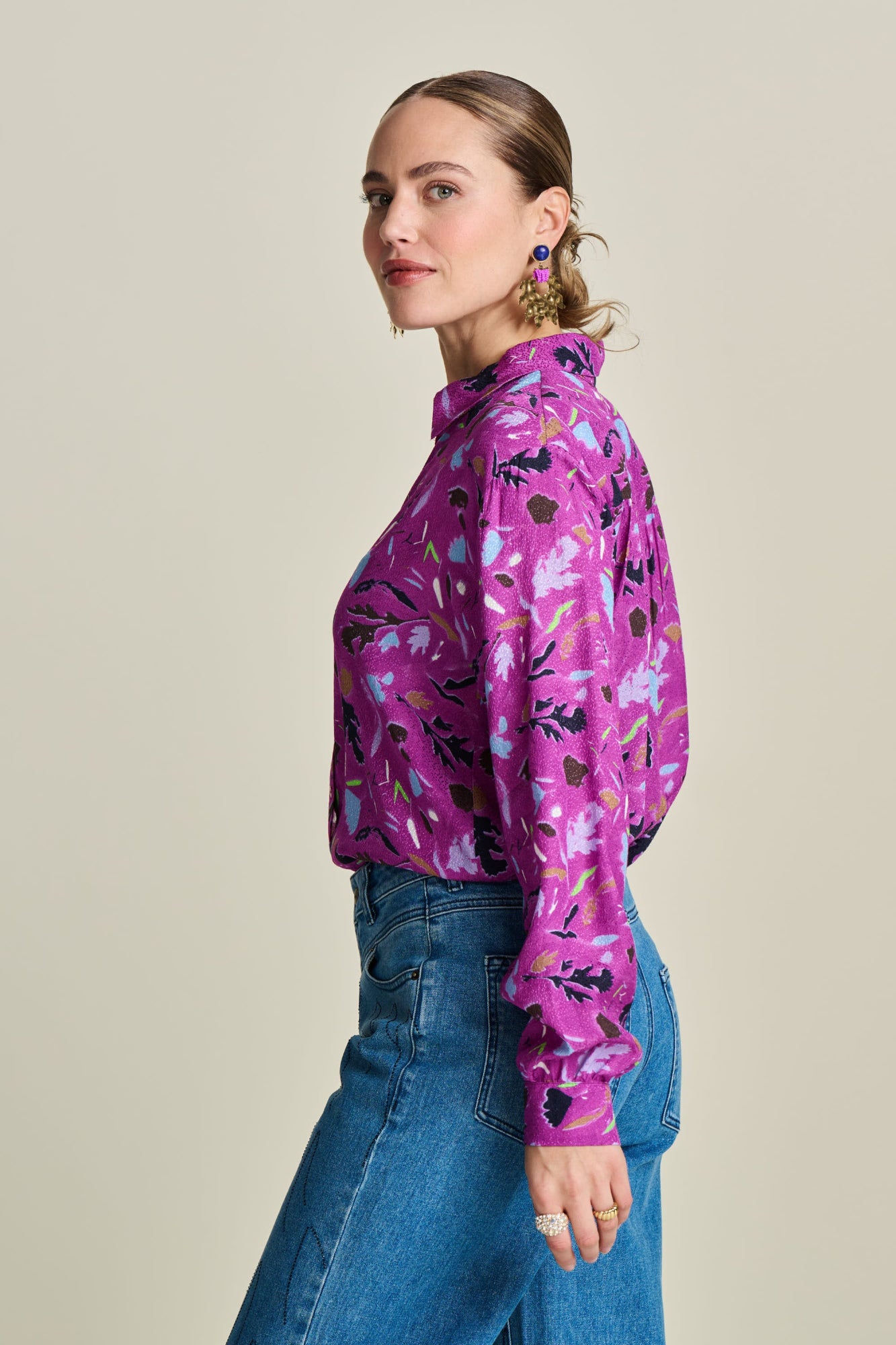 Fuchsia  Pink Floral Print Long Sleeve Blouse